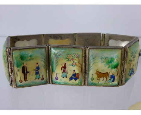 An Oriental Antique Silver Hand Painted Mother of Pearl Bracelet, the bracelet made up of eight panels depicting various scen