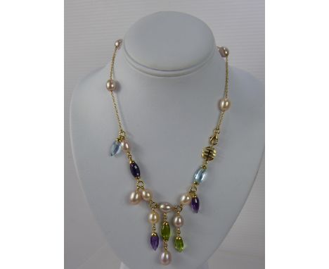 Mimi Broggian of Milano, 18 ct gold Semi-Precious Stone and Pearl Necklace, the necklace having lozenge and tear cut amethyst