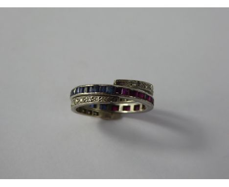 A Lady's Platinum Diamond, Ruby and Sapphire Full Eternity Hinge Ring, size R, 23 rubies, 22 sapphires, 10 - 12 pts of 8 cut 