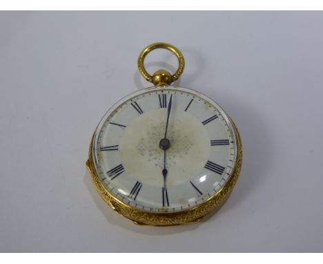 A Lady's 18 K Open Faced Pocket Watch, the pocket watch having white enamel face with Roman dial, the case having floral and 