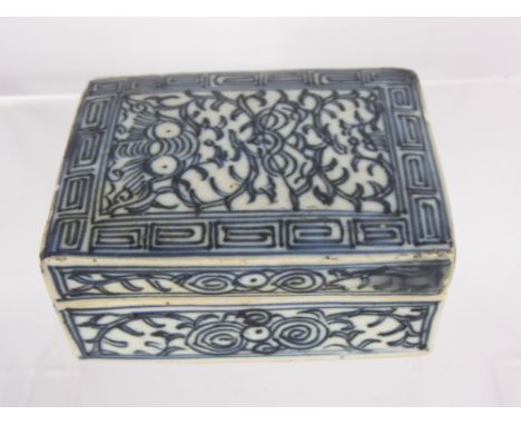 Antique Chinese Blue and White Seal Paste Box, the interior of the box depicting a Chinese inscription. The seal box hand pai