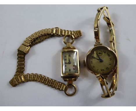 Two Lady's 9 ct Gold Cocktail Watches, one with a mother of pearl square face. (2)