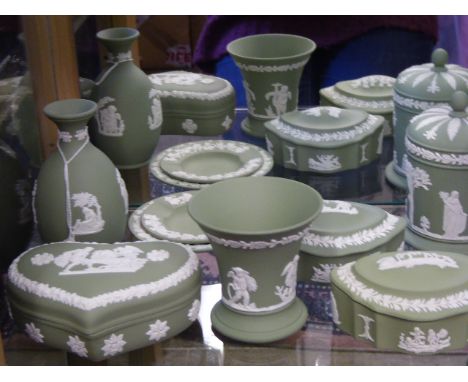 A Quantity of Miscellaneous Wedgwood Jasper Ware, including two trinket boxes, one heart shaped box, one lidded tobacco jar, 