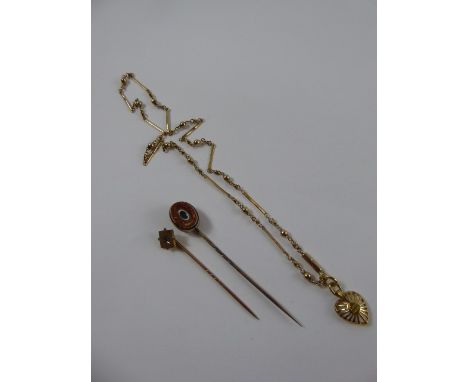 A 9 ct Gold Heart Shaped Filigree Heart and Pearl Pendant on Chain, together with two gentleman's tie pins, approx total wt 7