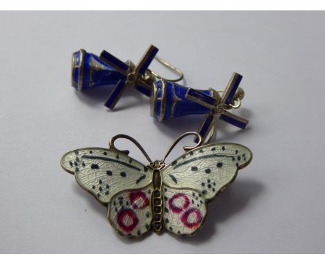 A Norwegian Sterling Silver 925 Halllmark Butterfly Brooch, together with a pair of blue enamel earrings in the form of windm