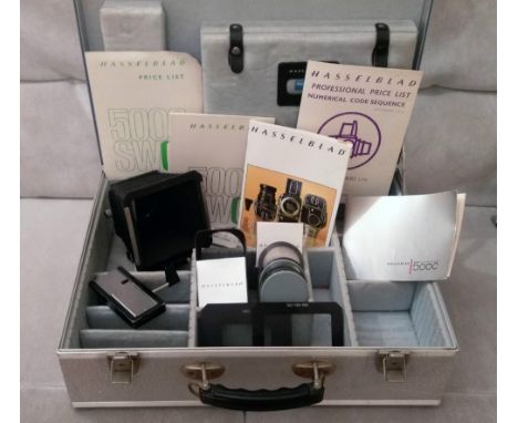 A Hasselblad Vintage Aluminium Camera and Case with Accessories, 1970's Hasselblad Alumiunum Flight Case, Hasselblad Lens Hoo