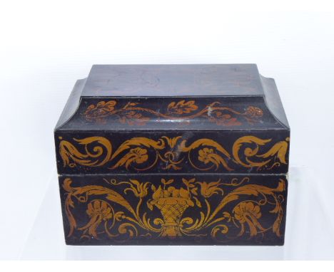 An Antique Tea Caddy, sarcophagus style hand painted with foliate scroll decoration, approx 21 x 13 x 15 cms
