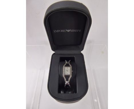 A Lady's Emporium Armani Stainless Steel Cocktail Watch, the watch having a mother of pearl face with black marcasite set bra
