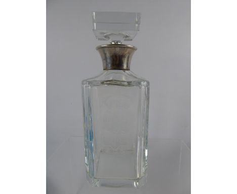 A Silver Collared Commemorative Cut Glass Decanter.