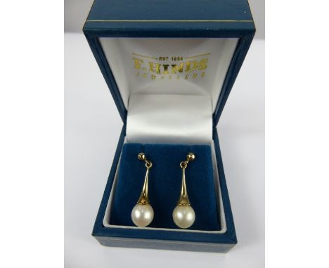 A Pair of 9 ct Gold and Cultured Pearl Drop Earrings, the pearls approx 7.5mm, approx  3 gms