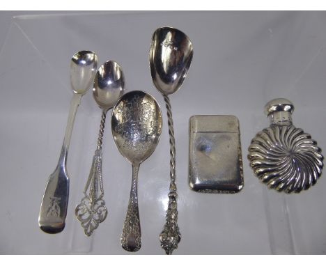 Miscellaneous Silver, including a lady's scent bottle, engine turned with stopper, hallmarks rubbed, Victorian silver vesta, 