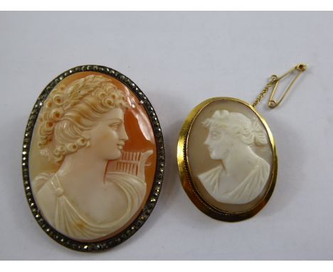 A Lady's Victorian 9ct Gold Cameo Brooch, depicting a classical profile together with one other marcasite surround cameo broo