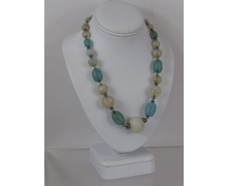 A French Vintage Blue Opaque Glass Necklace, together with a silver quartz stone ring, size L, silver hallmarked bangle, silv