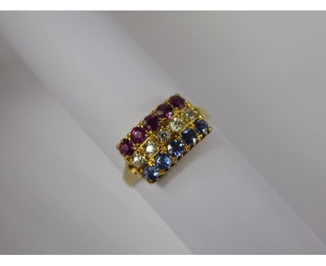 A Lady's 18 ct Yellow Gold Diamond, Sapphire and Ruby Ring, 5 x old cut dias, approx 18 pts, 5 x rubies 2.25 mm, 5 x sapps 2.