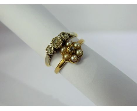 A Lady's 9 ct Diamond and Seed Pearl Ring, 6 x 2.5 mm seed pearls and 1 x 5 pt old cut dias, size L together with another lad