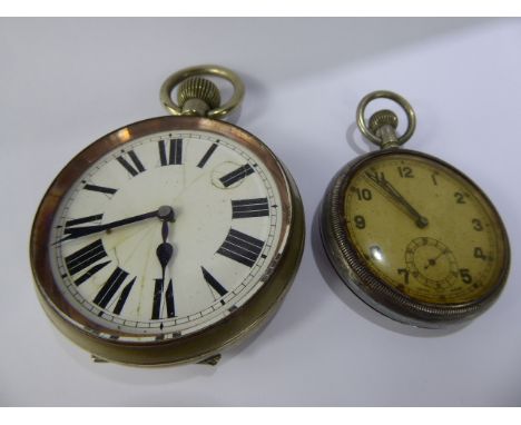 A Stainless Steel Goliath Pocket Watch, white enamel face having Roman dial, together with another Army issue pocket watch, e