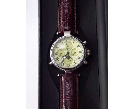 A Gentleman's Stauer Graves Chronograph Wrist Watch, the watch having three subsidiary dials, one with moon face, burgundy cr