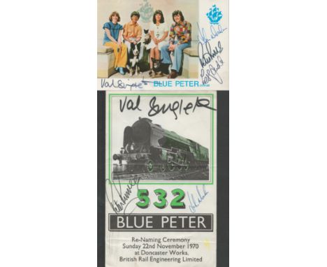 Blue Peter multisigned vintage 6x4 postcard photo signed by Judd, Noakes, Purvis and Singleton, Blue Peter train re-naming ce