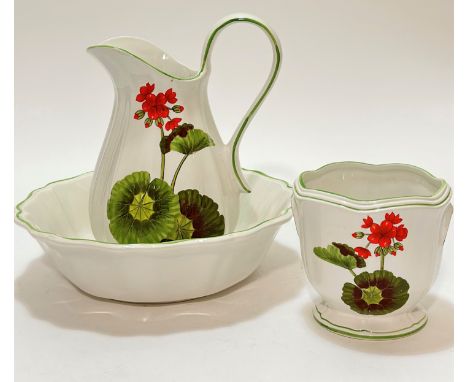 A  Este C.E. DiPinto a Mano, Italian hand painted trio, comprising of a plant pot ( h- 16cm w- 17cm d-15cm), jug ( h-29cm  w-