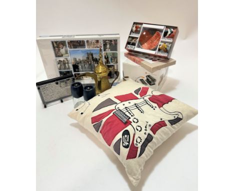 A Downton Abbey 1000 piece jigsaw, unopened, a pin board, a pair of salt and pepper grinders with blue tops, a Middle Eastern