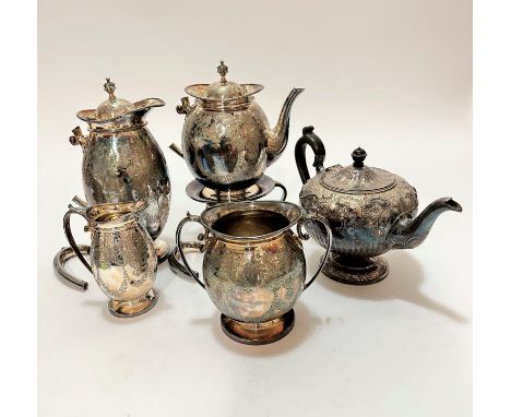 An Edwardian Epns four piece engraved tea and coffee service, with hot water jug, teapot and stand, milk jug, two handled sug