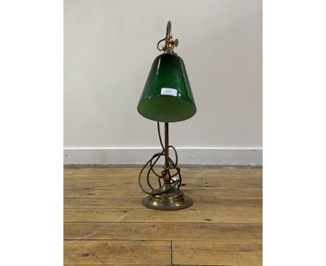 A reproduction brass light with green shade H49cm