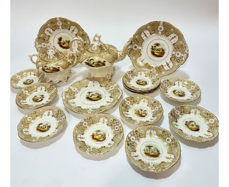 A seventeen piece part tea service including teapot, spout restored, a two handled sugar basin, a pair of cake plates and a s