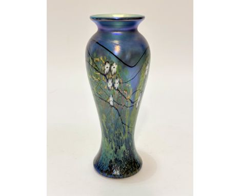 R P Golding, Ochre, Studio Art Case baluster overlaid glass vase with stylised flowers and leaves, with iridescent blue and g