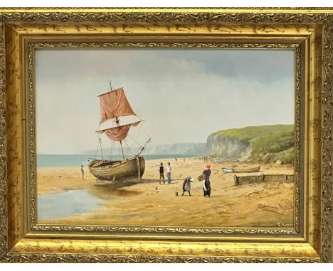 R Simm, White Cliffs of Dover, Beached Fishing Boat, oil on panel, signed bottom right, gilt frame, (16.5cm x 23.5cm)