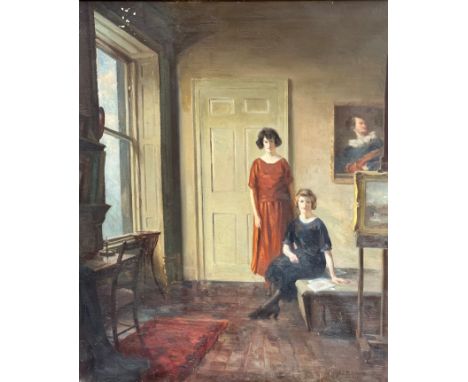 John Davies Kennedy (Scottish, active 1922 - 1955) A Portrait of Two Young Ladies in a Drawing Room, oil on canvas, signed bo