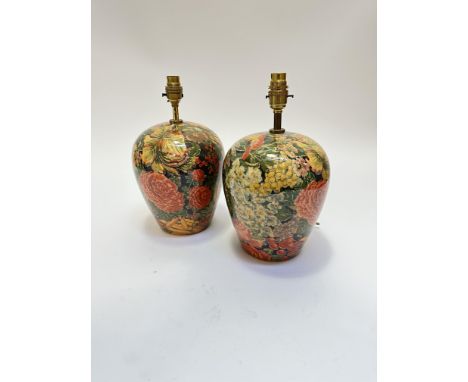 A pair of ovoid baluster vase table lamps with decoupage style floral leaf and chrysanthemum decoration, (35cm x 18cm, includ