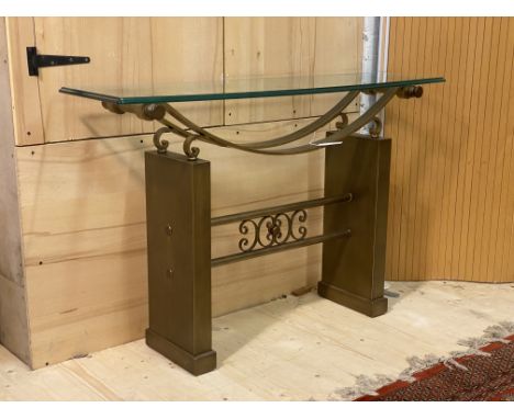 A continental gilt wrought metal and glass console table, h78cm, w121cm, D38cm