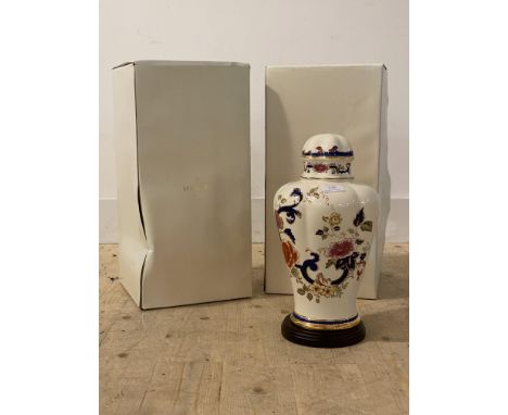 A boxed pair of Masons ceramic table lamps (unwired) formed as lidded vases, H38cm