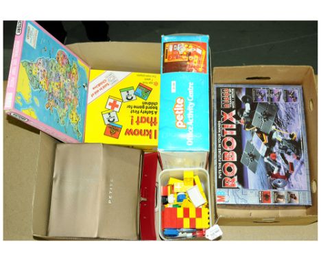 A mixed group to include MB Games Robotix Set, Victory Puzzle, 1 tub of Lego, I Know That game, Petite Office Activity Set &a