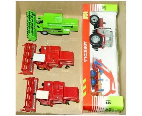 A mainly unboxed Farm related group to include boxed Ros Tractor with Log Trailer, 2x Massey Ferguson 760 Combine Harvester &