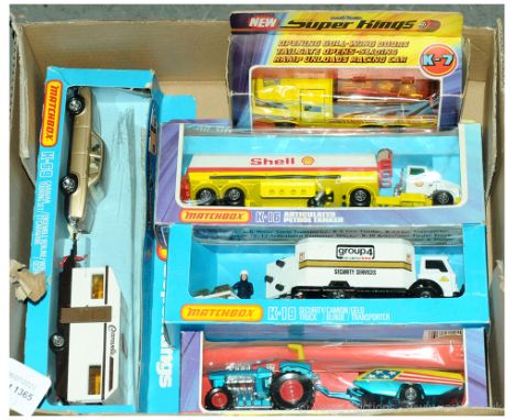 Matchbox Superkings Group Of Five Vehicles &amp; Sets. (1) K-3 Mod Tractor - Metallic Blue / Yellow, With Unpunched Header Ca