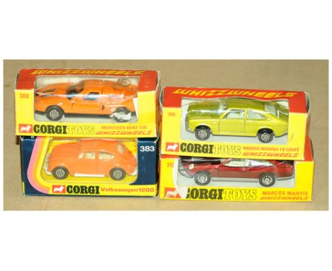 Corgi Whizzwheels Group Of Four Cars. (1) Morris Marina 1.8 Coupe - Metallic Light Green, (2) 312 Marcos Mantis - Metallic Re