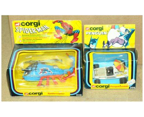Corgi a boxed TV &amp; Film pair to include 259 Penguinmobile &amp; 928 Spidercopter. Conditions generally appear Excellent i
