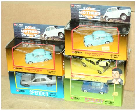 Corgi a boxed TV &amp; Film group to include 2x 96758 Morris Minor 'Some Mothers Do 'Ave 'Em', 96011 Mr Beans Mini, 96757 Mor