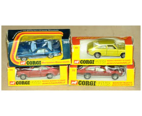 Corgi Whizzwheels Group Of Four Boxed Cars. (1) 306 Morris Marina 1.8 Coupe - Metallic Light Green, (2) 306 Morris Marina 1.8