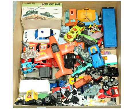 A mainly Tinplate &amp; Plastic related unboxed group to include boxed Tomyline No64 Rapid Fire Tank, Tomy Police Car, Rico T