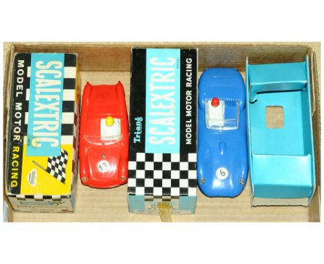 Scalextric a boxed pair to include C/61 Porsche (Red) &amp; C56 Lister Jaguar (Blue). Conditions generally appear Good Plus t