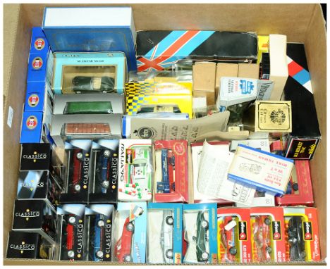 A boxed group of models to include manufactures such as Oxford Diecast, EFE, Solido, Bburago, Maisto, ERTL and others similar