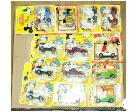 Matchbox a boxed Blister Card group to include 4x WD-6 Donald, WD-1 Mickey, CS-15 Olive's Convertible, CS-14 Bluto's Road Rol