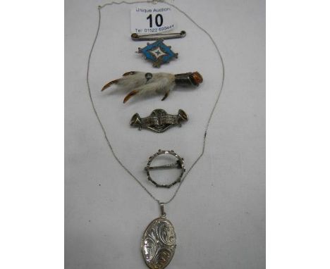 A quantity of silver items including claw brooch, enamel brooch etc.,