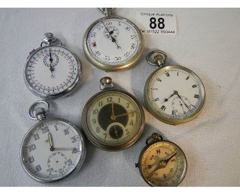 3 pocket watches, 2 stop watches and a compass.