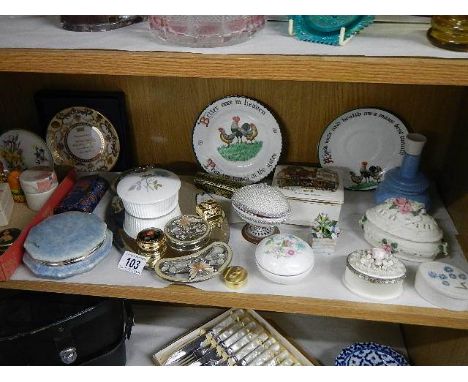 An interesting mixed lot including lidded trinket boxes, plates etc.,