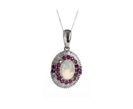 OPAL, RUBY AND DIAMOND PENDANT, set with a central cabochon opal surrounded by round rubies and baguette cut diamonds totalli