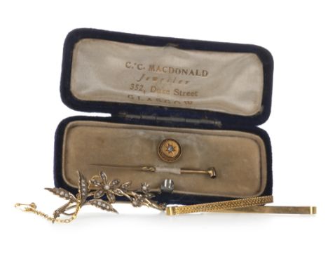 SEED PEARL FLORAL SPRAY BROOCH, 47mm long, marked 9CT, along with two gold bar brooches each marked 9CT, 6.9g gross and a dia