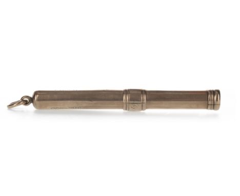 NINE CARAT GOLD CASED PROPELLING PENCIL BY SAMPSON MORDAN, with engraved initials to the centre, in nine carat gold, 78mm lon